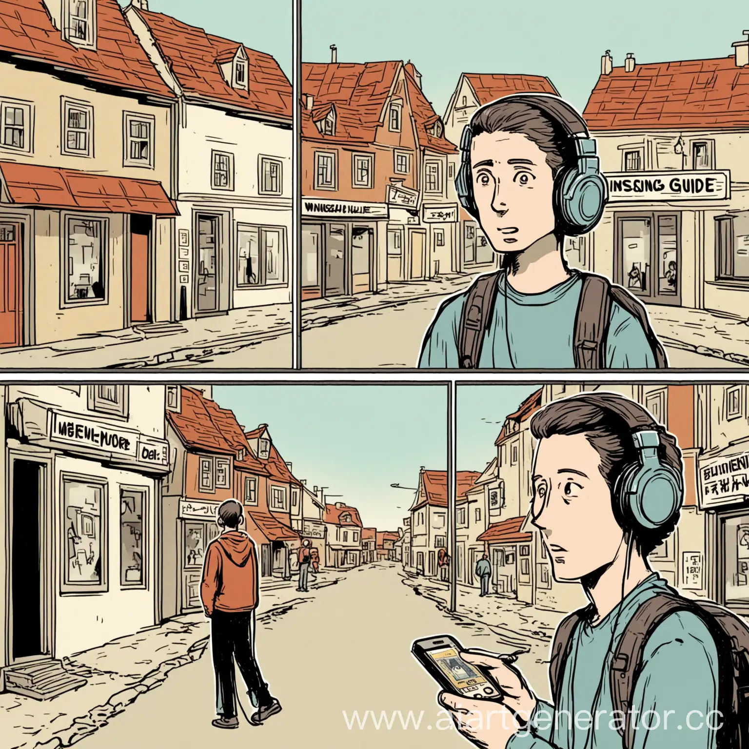 Person-Listening-to-Audio-Guide-in-Small-Town-Comic-Illustration