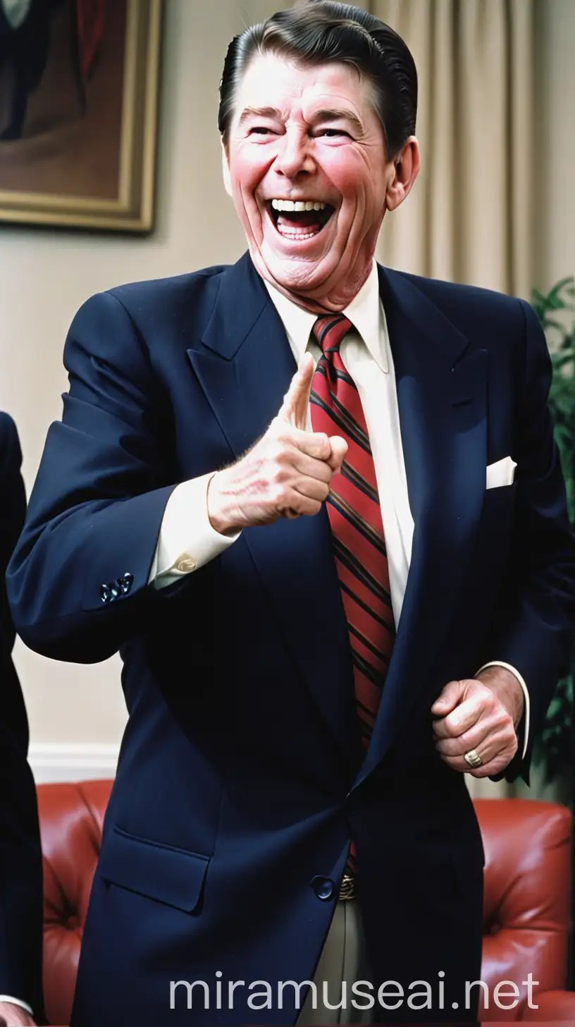 Ronald Reagan Laughing and Pointing Forward