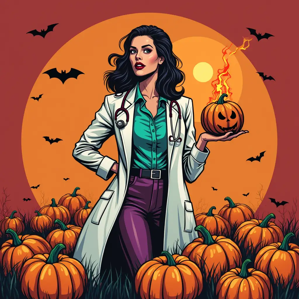 a woman doctor in pop art style on halloween with pumpkins