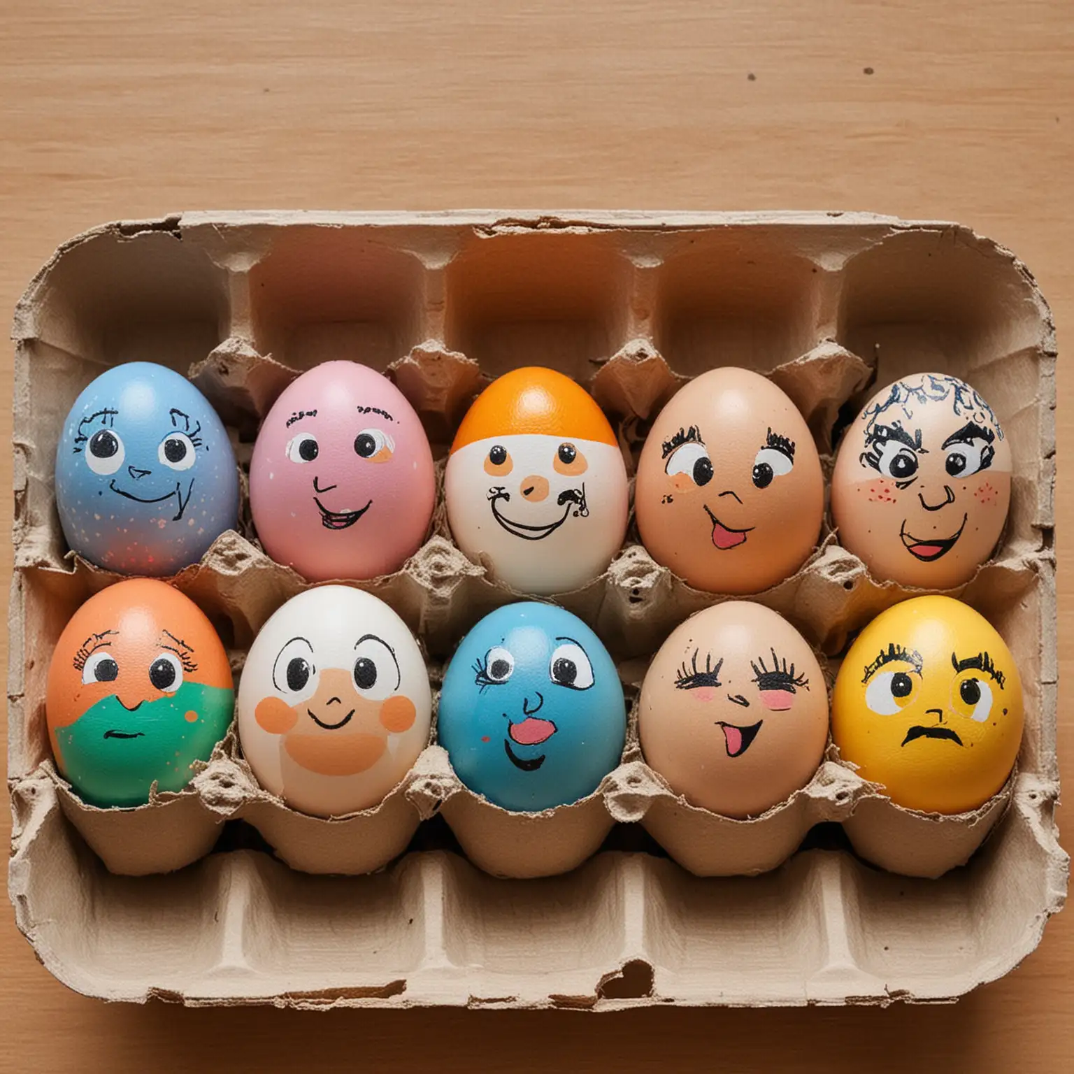 Colorful Eggs with Expressive Faces in Carton