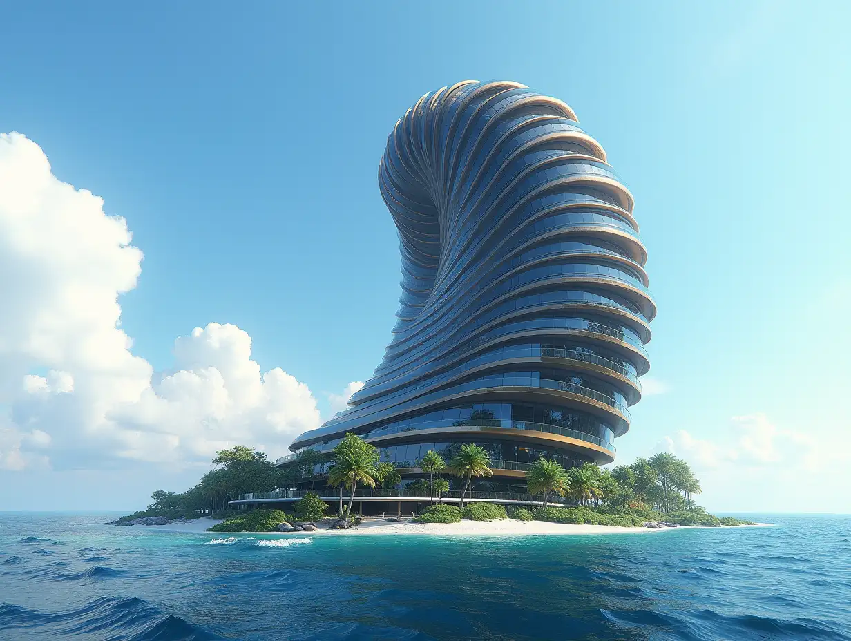 Create a high-resolution, realistic image of a very tall futureistic building with windows twisted like a snail shell with black and gold facades with sea with very big waves, large trees, blue sky