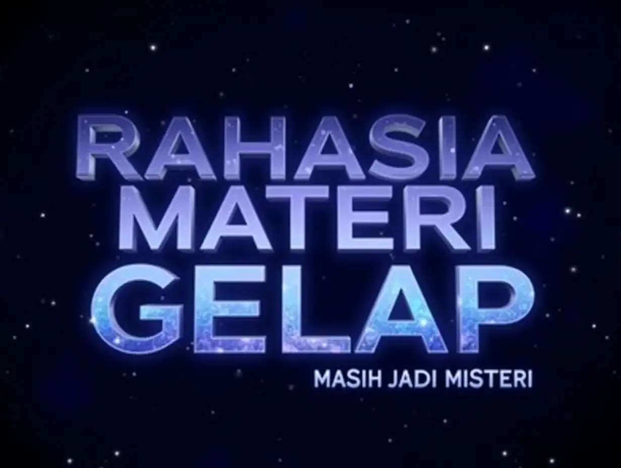 A bold and futuristic text graphic with the words ‘Rahasia Materi Gelap – Masih Jadi Misteri’. The text should glow softly in shades of blue and purple, with a dark outer space background filled with faint stars and nebulae.