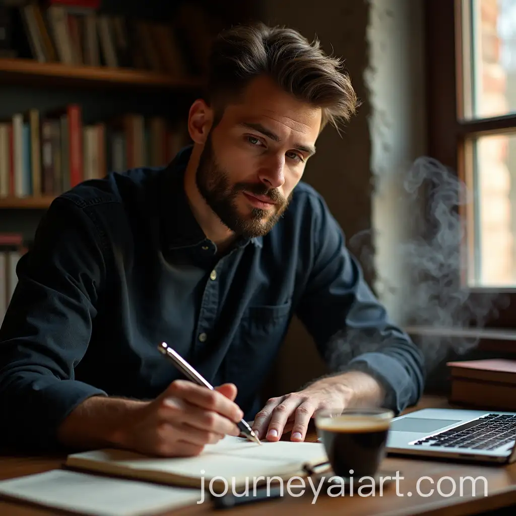 Focused-Young-Writer-at-Desk-with-Fountain-Pen-and-Laptop