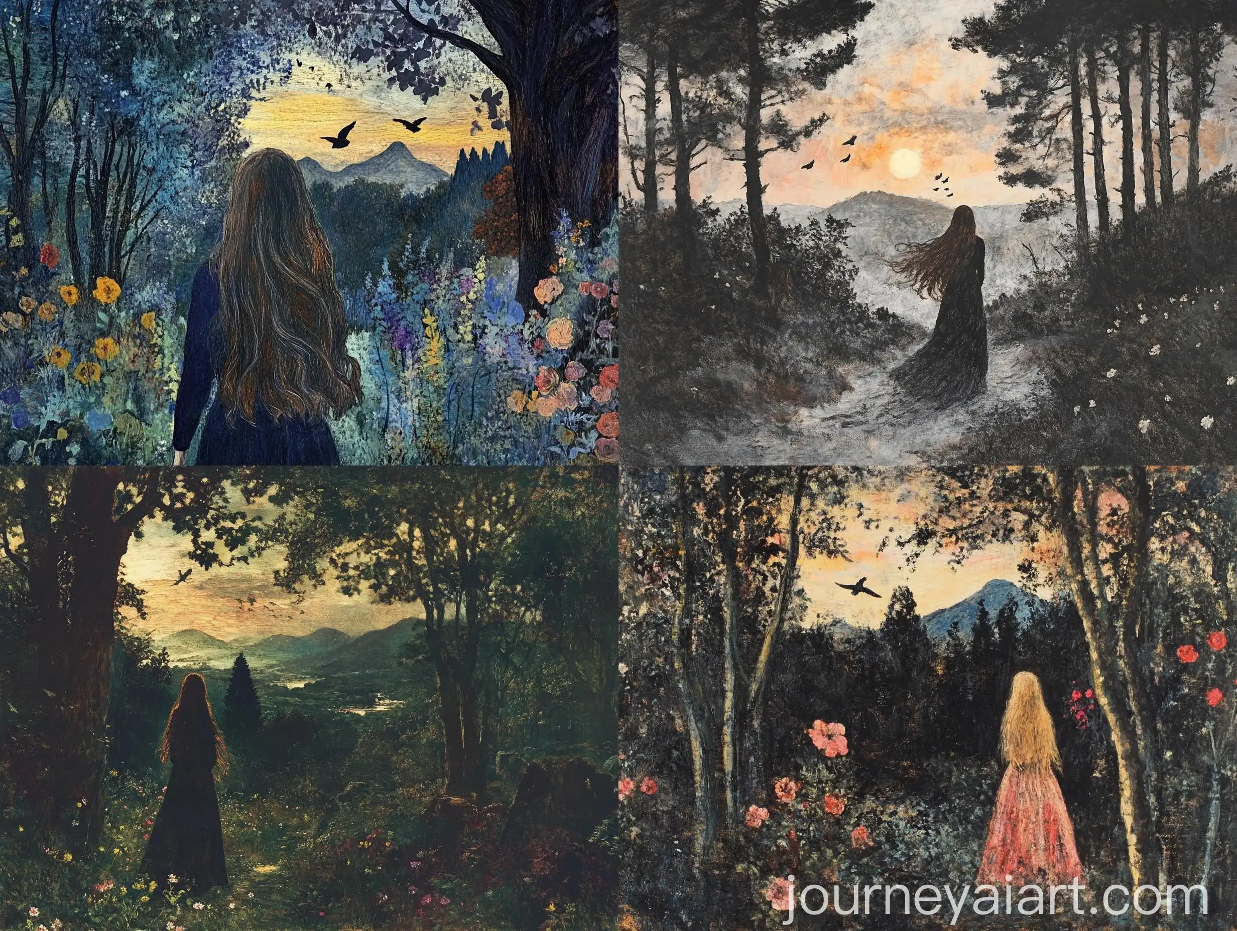 Twilight-Stroll-Among-Tall-Trees-with-Partner-and-Flowers