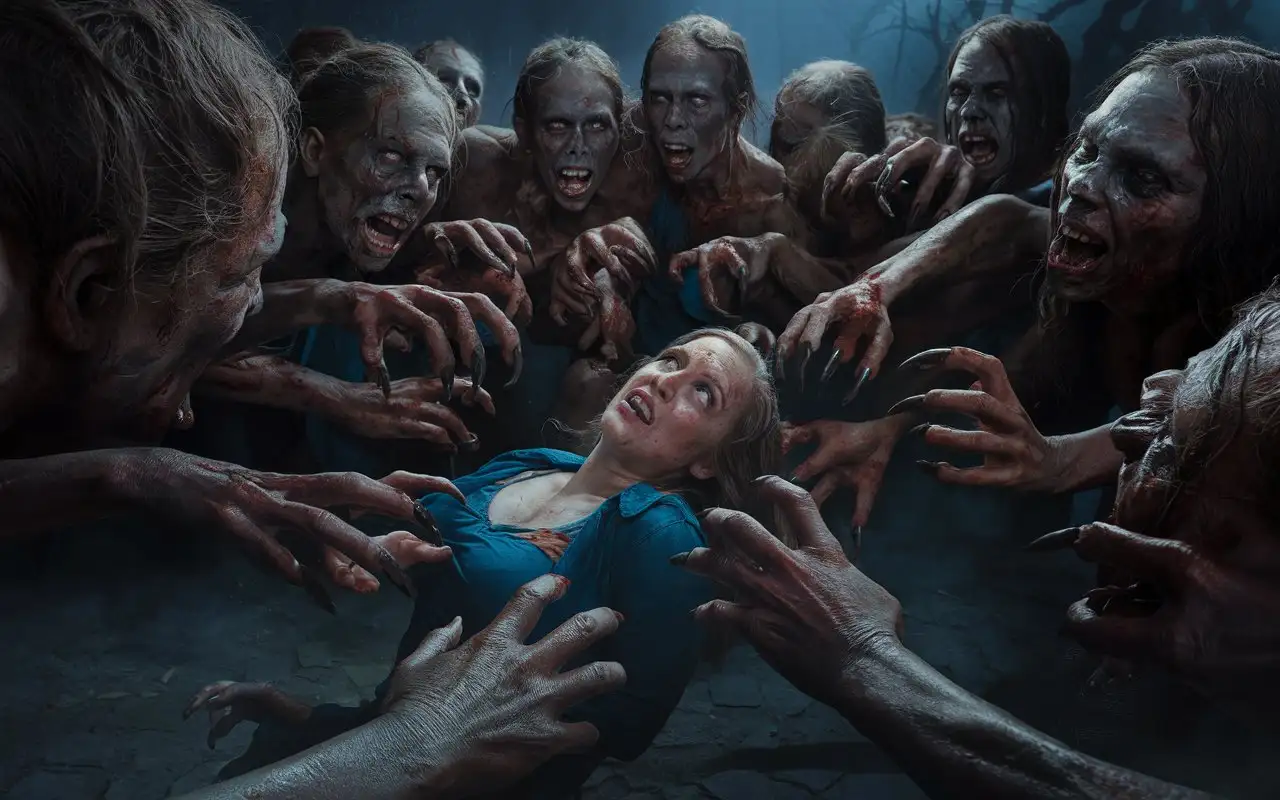 Terrifying-Zombie-Crowd-Attacking-Defenseless-Woman-in-Dark-Nightmare-Scene