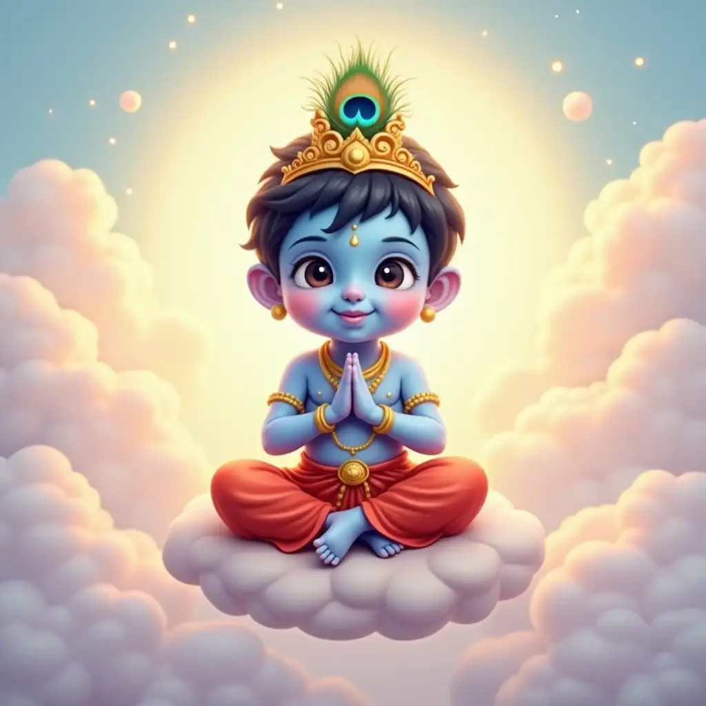 A divine blue-skinned child with sits in a meditative pose, floating in the air. He wears a golden crown adorned with a peacock feather, along with red and gold traditional attire. His peaceful expression radiates serenity as he forms a mudra with his hands. The background consists of soft pastel clouds with a warm, glowing light, creating a divine and celestial atmosphere. The art style is vibrant and cartoonish, with smooth shading and a dreamy aesthetic.