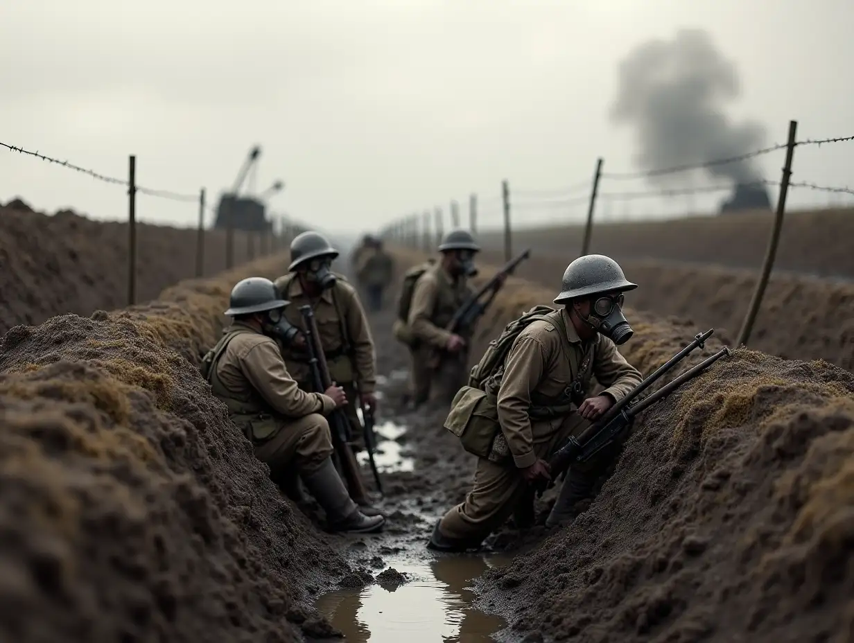 A battlefield scene with British soldiers in trenches, wearing gas masks, as artillery fires in the background. Muddy landscapes, barbed wire, and a war-torn sky capture the brutality of World War I.