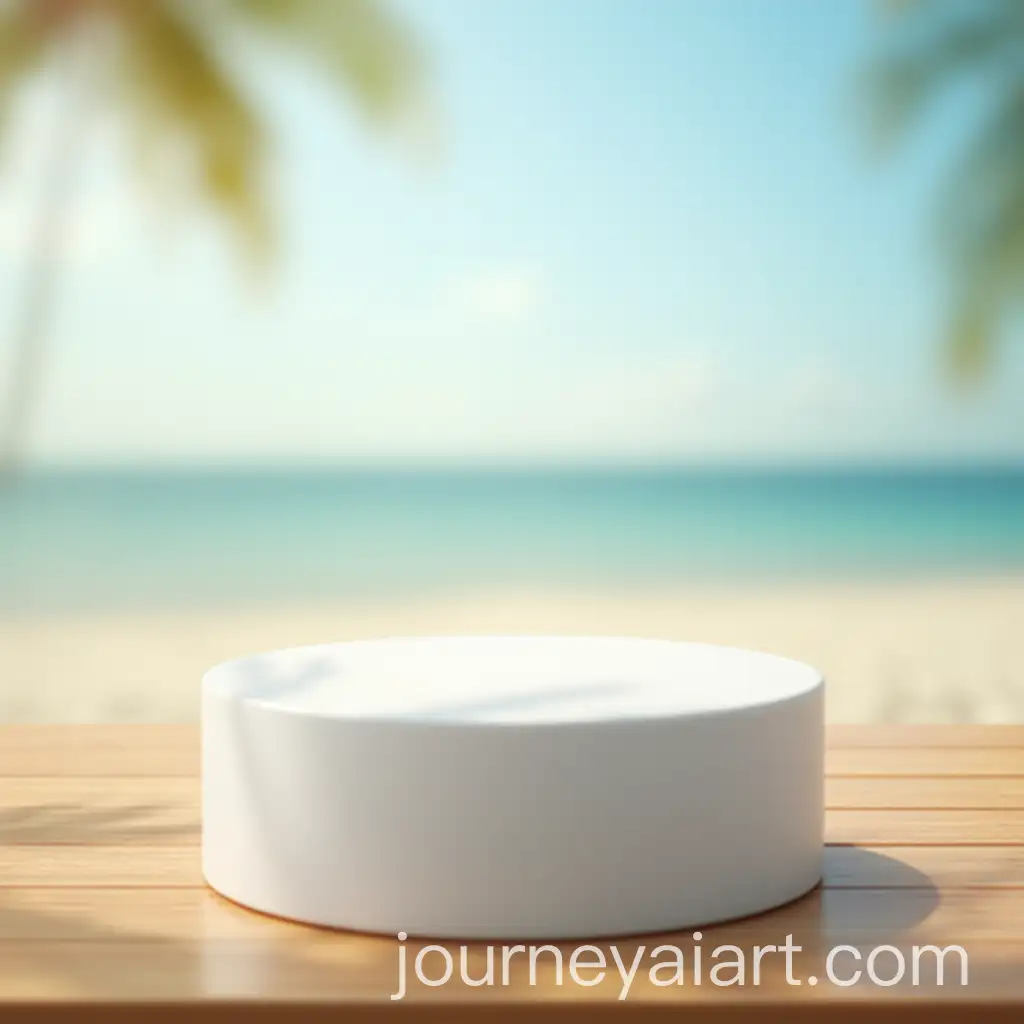 Empty-Product-Podium-on-Glossy-Wooden-Table-with-Sunny-Beach-Background