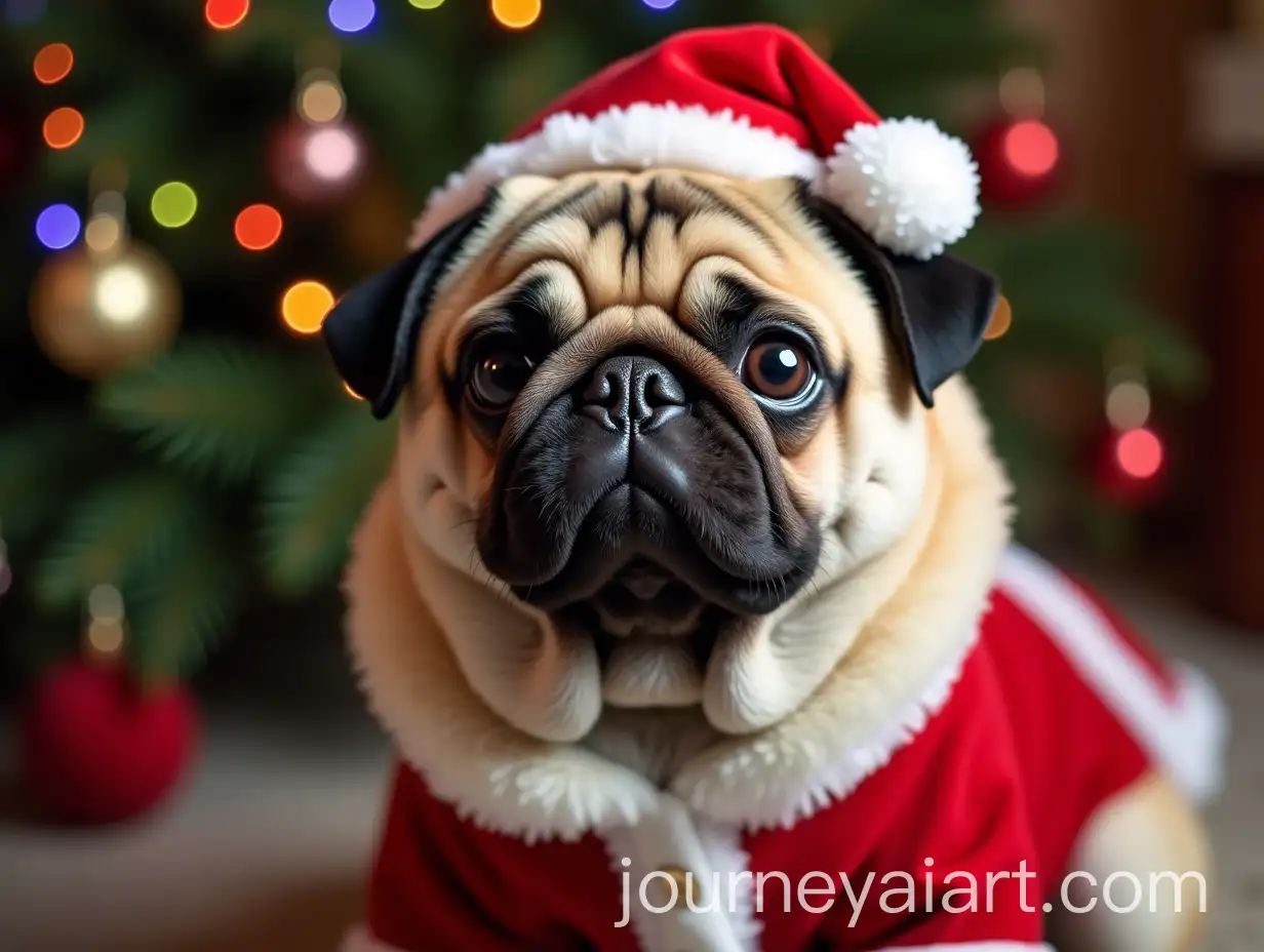 Fluffy-Pug-in-Santa-Costume-by-a-Decorated-Christmas-Tree