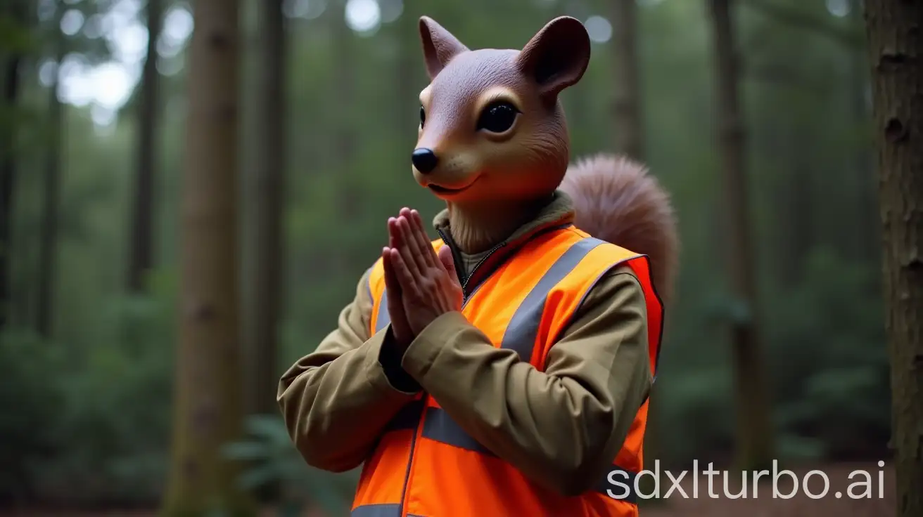 Man-in-PVC-Squirrel-Mask-Praying-in-Hi-Vis-Tabard