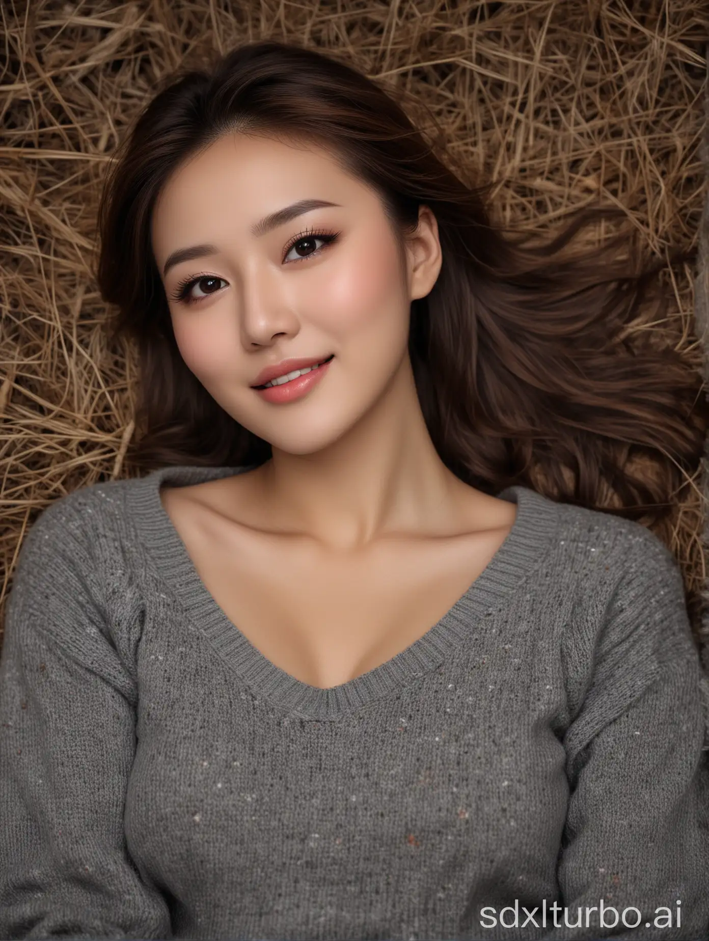 Chinese-Beauty-with-Sweet-Smile-on-Winter-Night-Lying-on-Prairie-in-Gray-Sweater-and-Long-Skirt