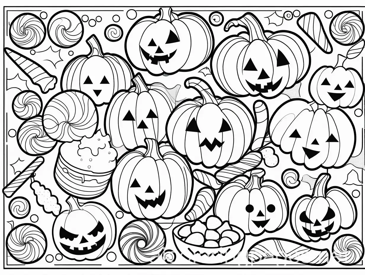 Halloween-Candy-and-Treats-with-Spooky-Faces-Coloring-Page