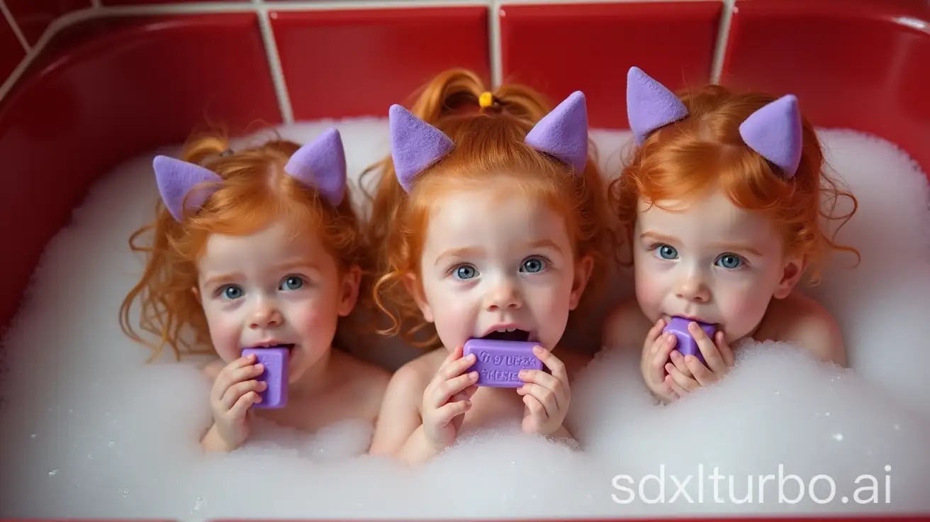 Adorable-Redhead-Girls-with-Violet-Cat-Ears-Nursing-Soap-in-Preschool-Bathtub