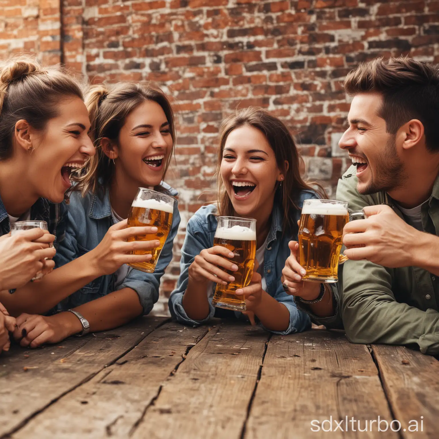 group of friends drinking beer together, all of them very happy and laughing