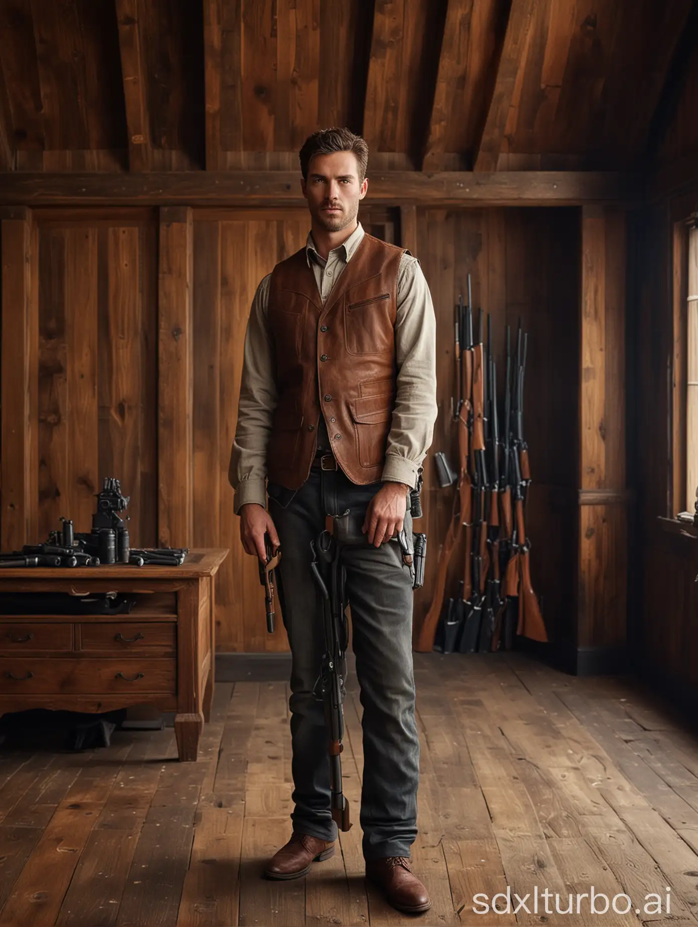 Create a realistic photograph of a man who is into firearms, standing in a beautifully crafted wooden room. The room should have rich wooden textures and a rustic, yet elegant atmosphere. The man should appear to be posing naturally, as if being photographed in this setting