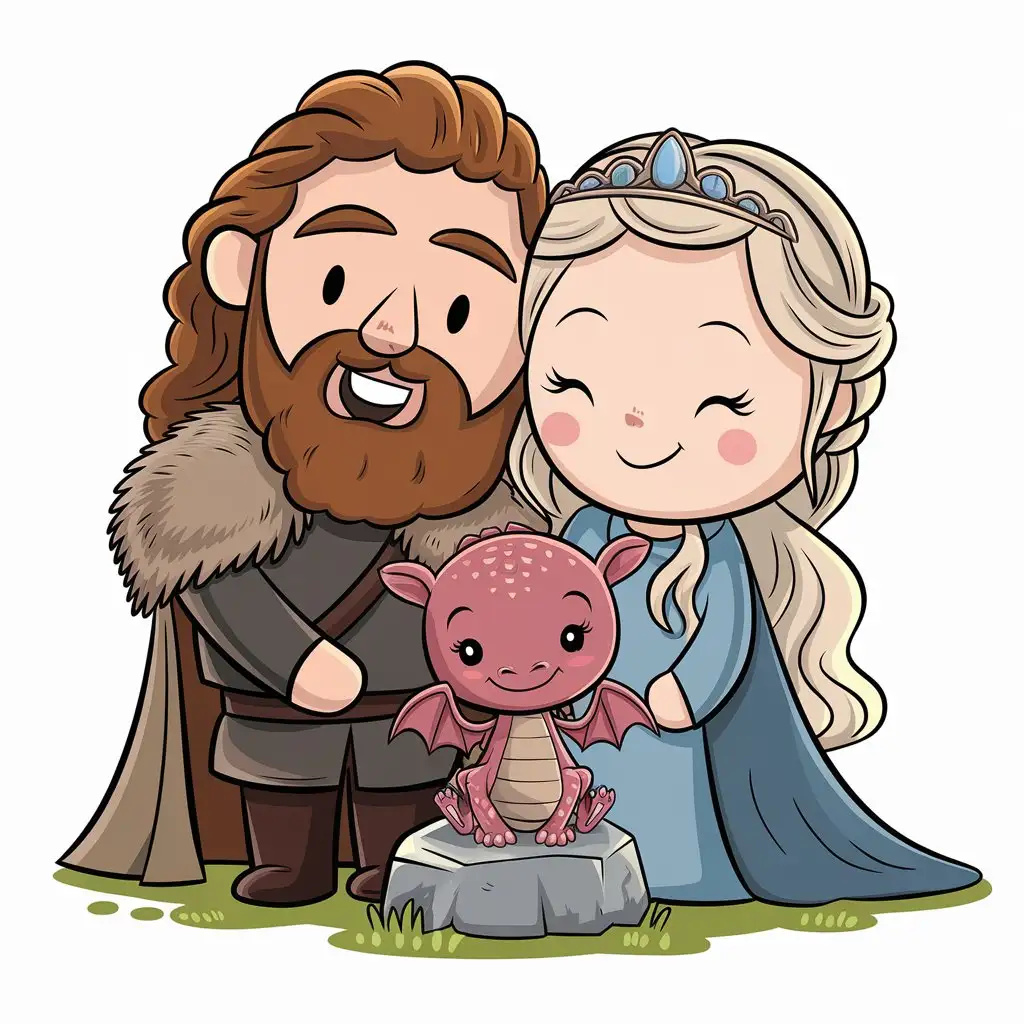 Cartoon Hagrid and Daenerys Hugging Baby Dragon in Joyful Scene