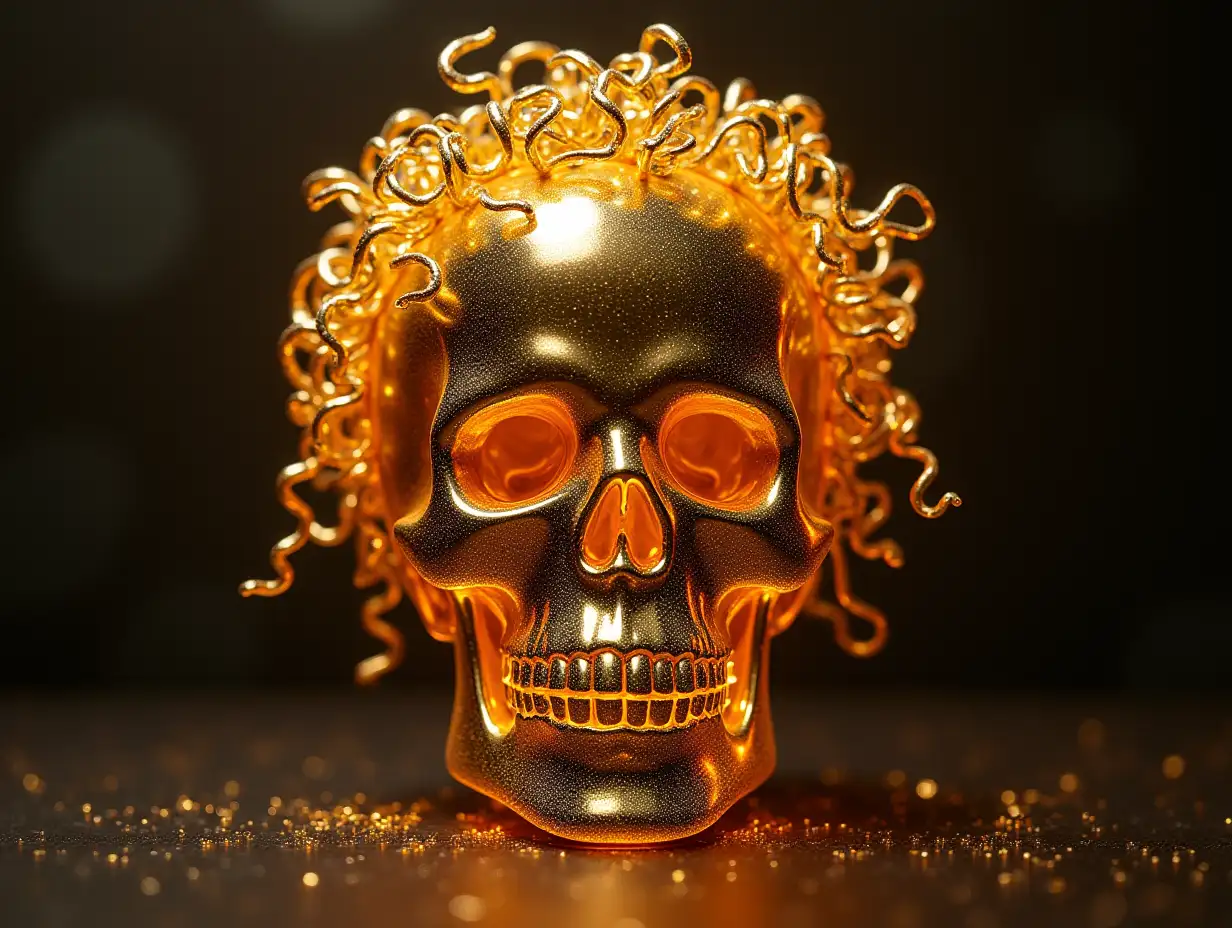 Totenkopf aus Glas-Gold with curly hair and Totenkopf face on background, generative