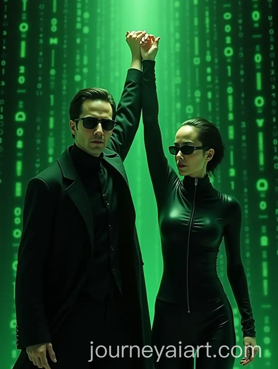 Neo-and-Trinity-in-Heroic-Pose-with-Matrix-Green-Code-Background