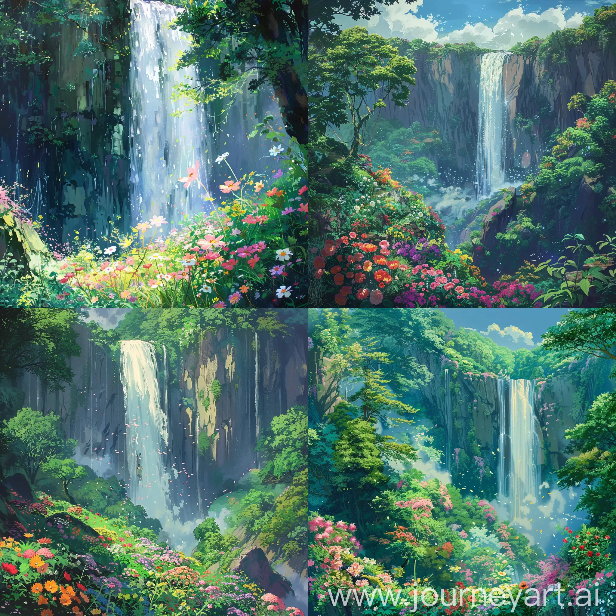 Serene-Waterfall-in-Lush-Green-Forest-with-Colorful-Flowers-Inspired-by-Makoto-Shinkais-Japanese-Illustrations