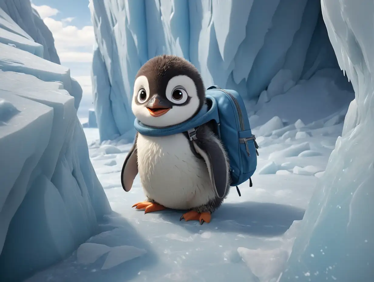 Cute-Baby-Penguin-with-Blue-Backpack-on-Ice-Crevice-in-Antarctica