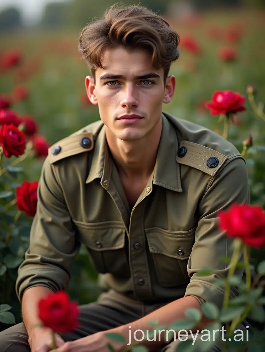 Young-Man-in-Army-Uniform-Sitting-in-Rose-Garden