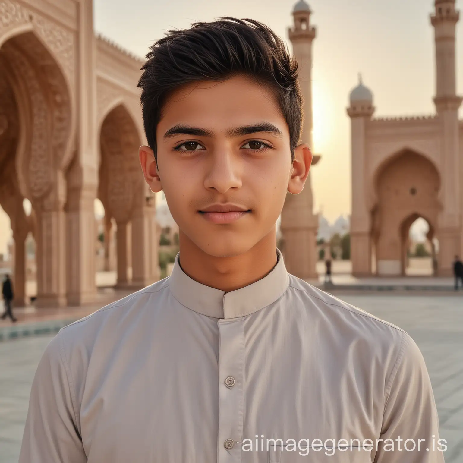 Pakistani-Teenage-Boy-Posing-in-Formals-with-Mosque-Background