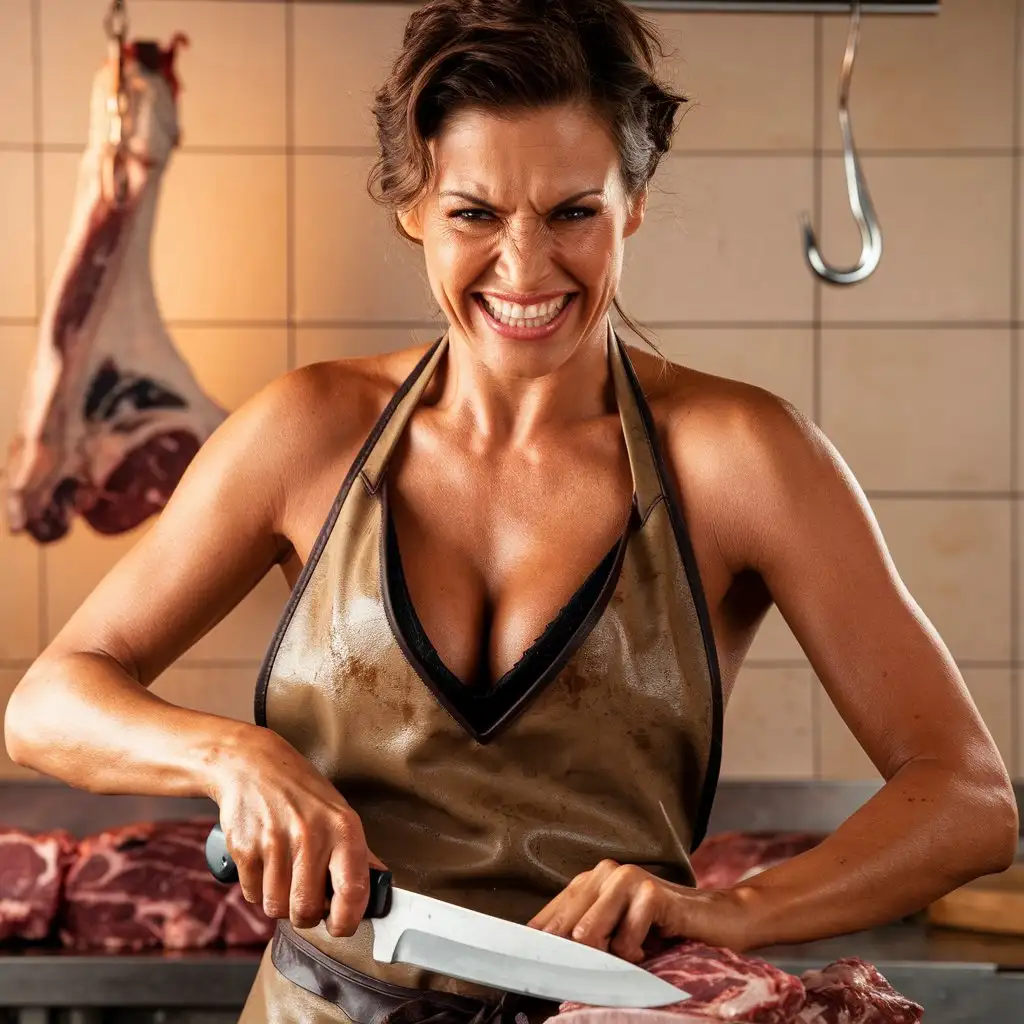 Attractive-Woman-with-Evil-Smile-Carving-Carcass-in-Butchers-Shop