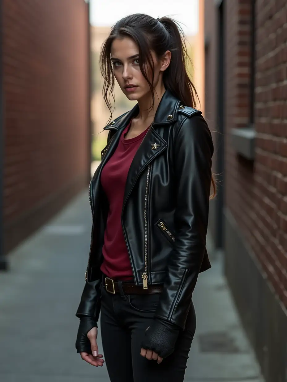 Teagan-Croft-in-BloodRed-Henley-and-Leather-Jacket-in-Alley