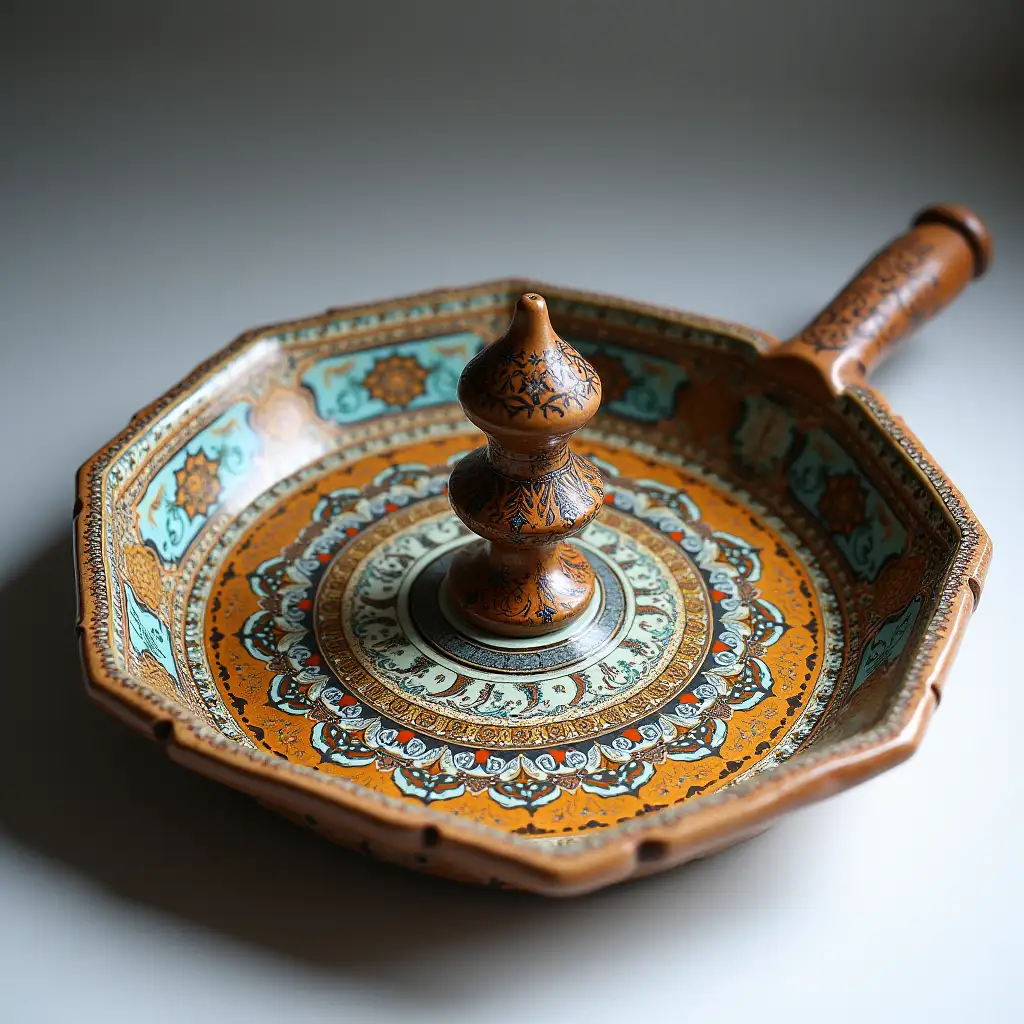 Octagonal with rounded corners ceramic serving dish with embossed beautiful handle,Fine art, Hyper detailed,Antique and old, Qajar art, Iranian Tabriz carpet design