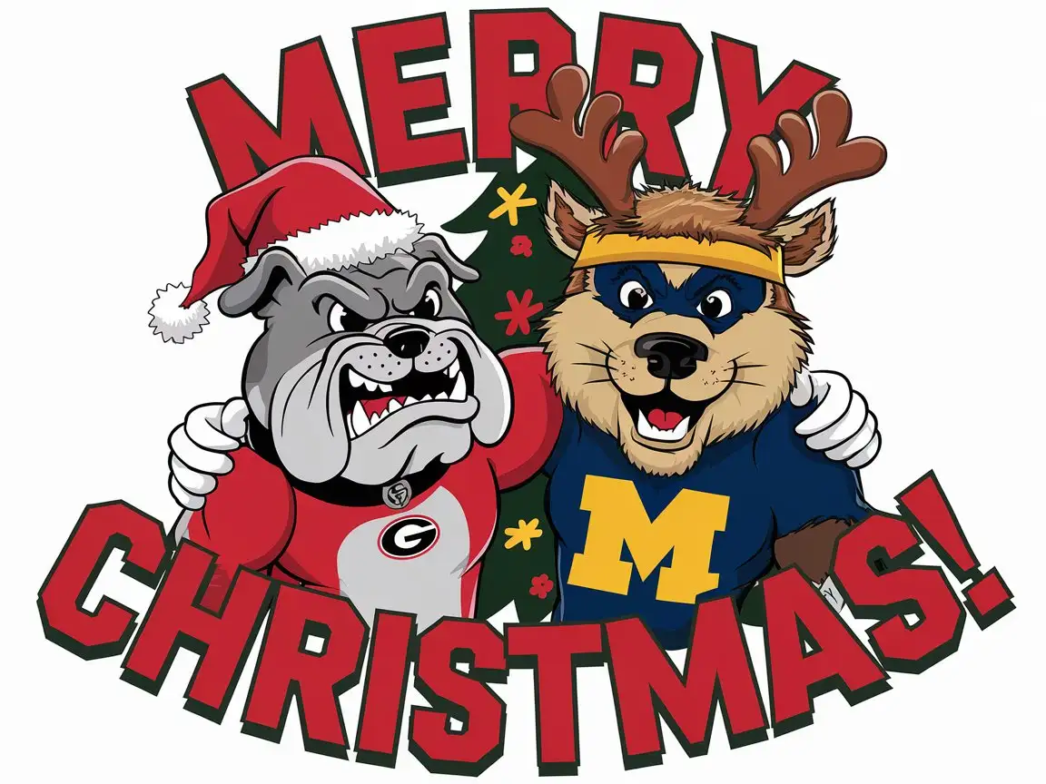 Humorous high-quality 3d cartoon illustration of Georgia Bulldogs football mascot and University of Michigan football mascot with their arms around each other, with the words 'Merry Christmas!'