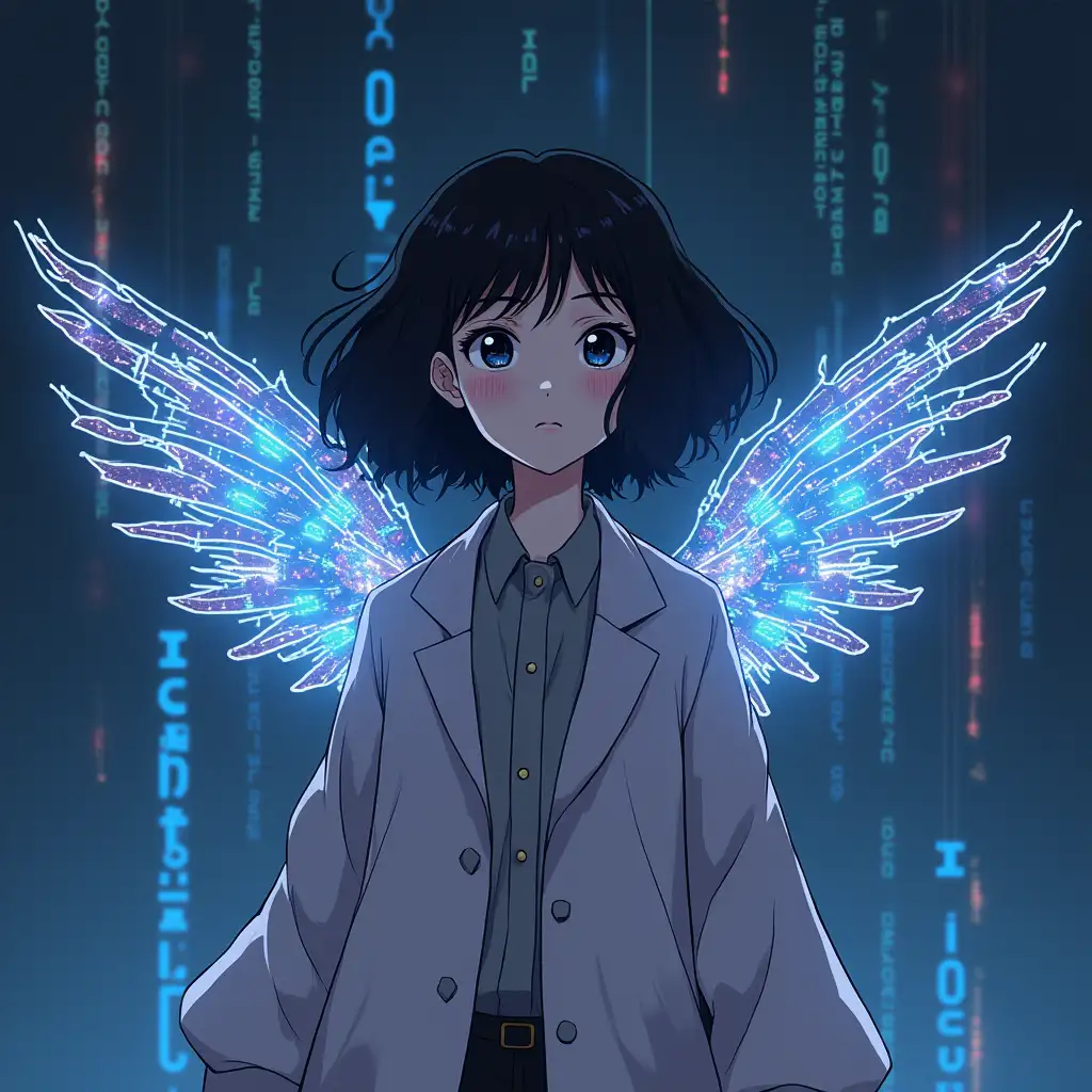 Create an ethereal image of Lain Iwakura from Serial Experiments Lain as a deity in the Internet world. She has a glowing, otherworldly aura, symbolizing her divine ascension. Surrounded by digital data streams and glowing circuits shaped like bird wings, her calm, omniscient expression reflects her transcendence.