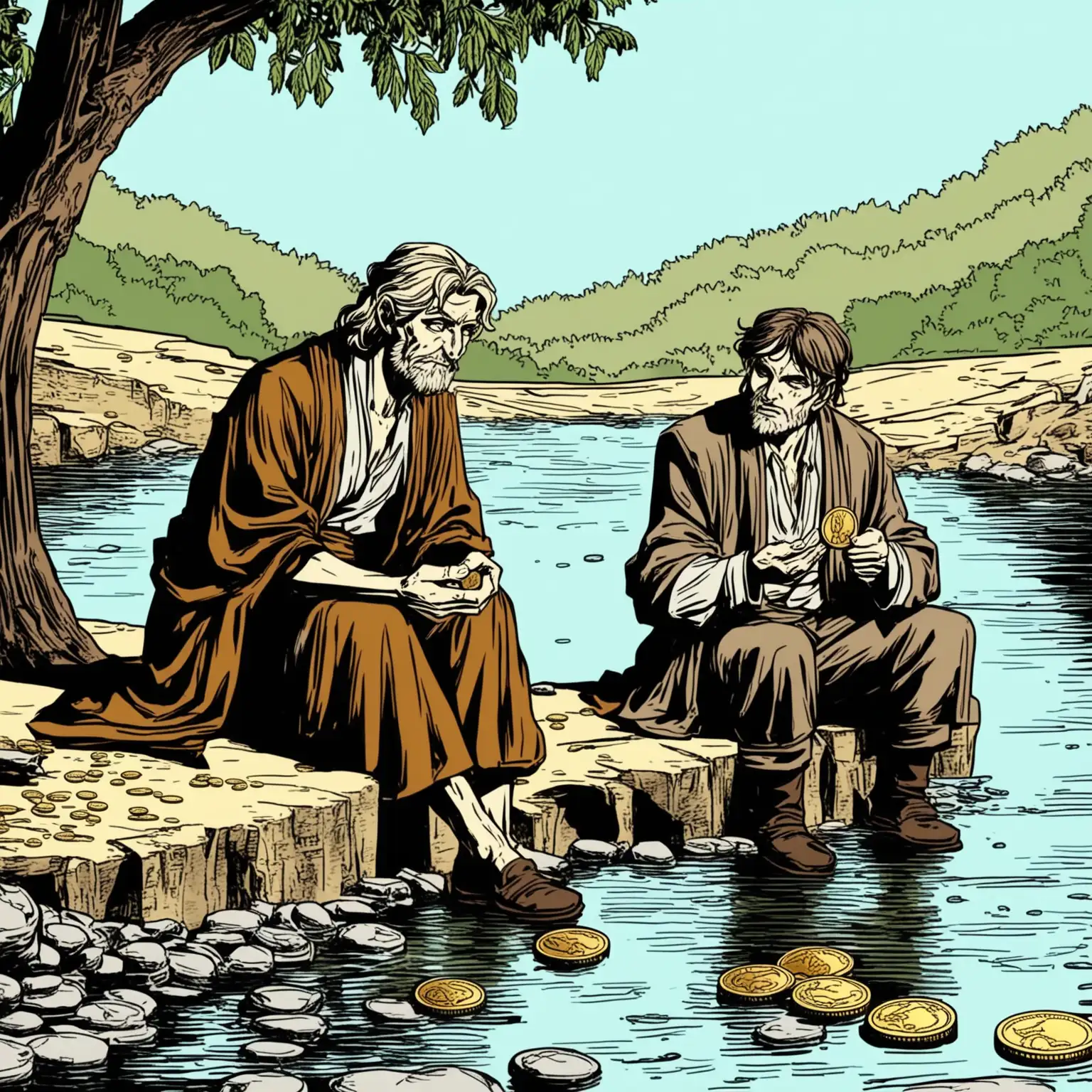 Rich-Man-and-Pauper-by-the-River-in-Ancient-Times-Comic-Style