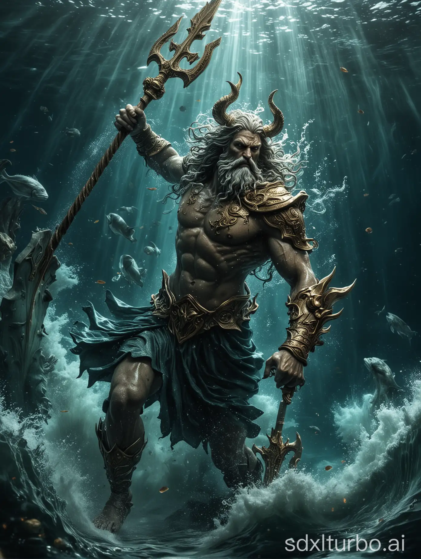 Sea god, Poseidon, battling, background is underwater