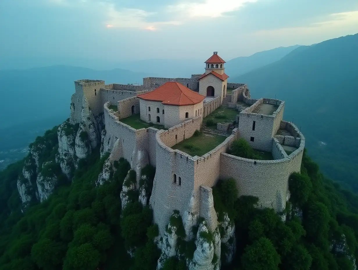 Aerial-View-of-MzovretiAI-Image-Prompt-Expansion-Monastery-on-a-Rocky-Hillside-at-Dawn