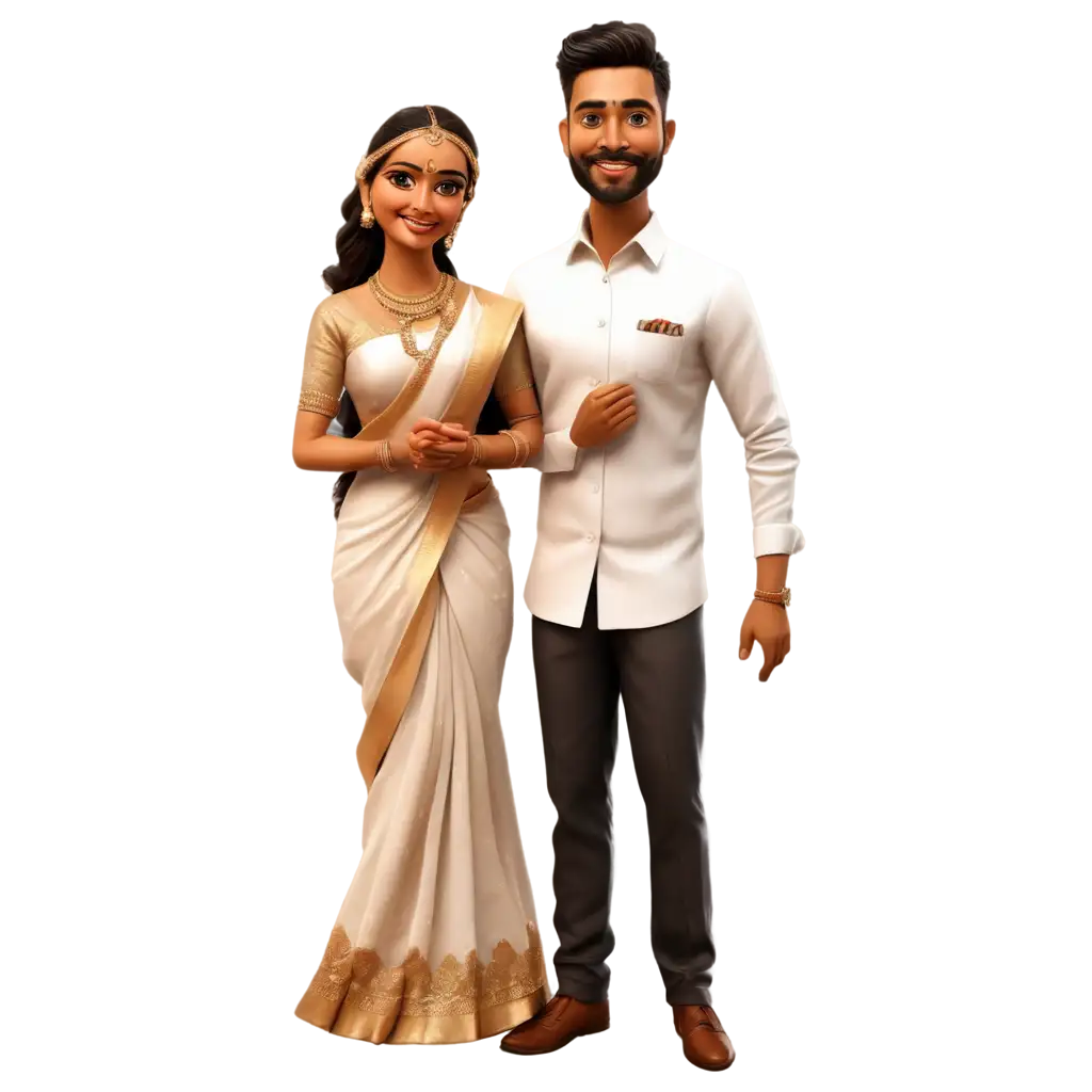 Stunning-South-Indian-Wedding-Caricature-PNG-Groom-in-White-Vestie-and-Shirt-Bride-in-Saree