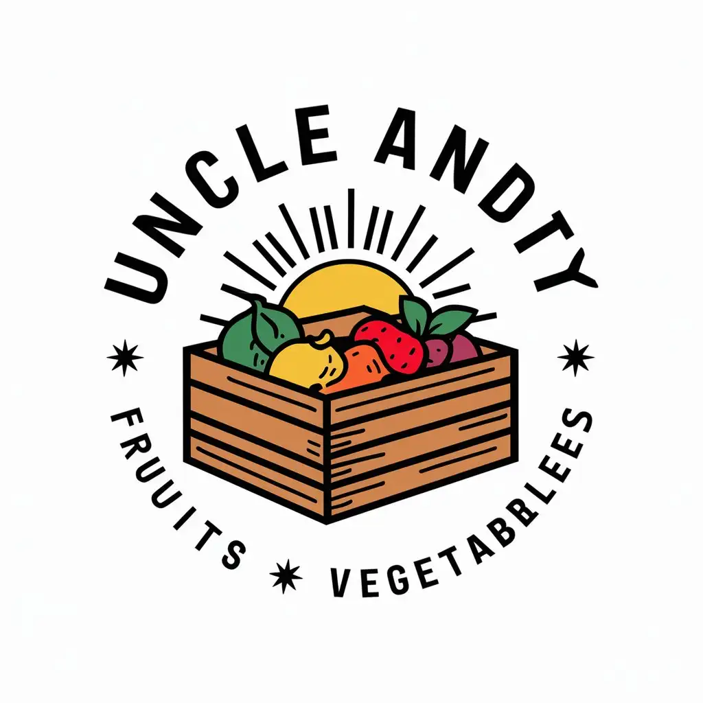 LOGO-Design-for-Uncle-Andy-FRUITS-VEGETABLES-Wooden-Box-with-Fruits-and-Sun-Field-Theme