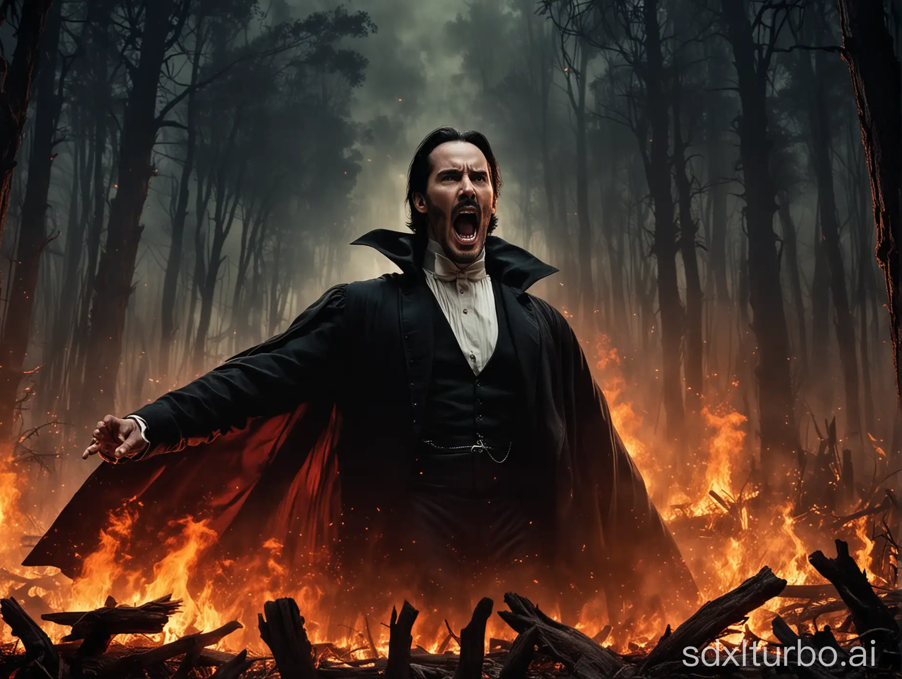 dracula hollywood movie poster, keanu reeves in casuls, shouting in aggression, large amount of fire,  forest background, dark night