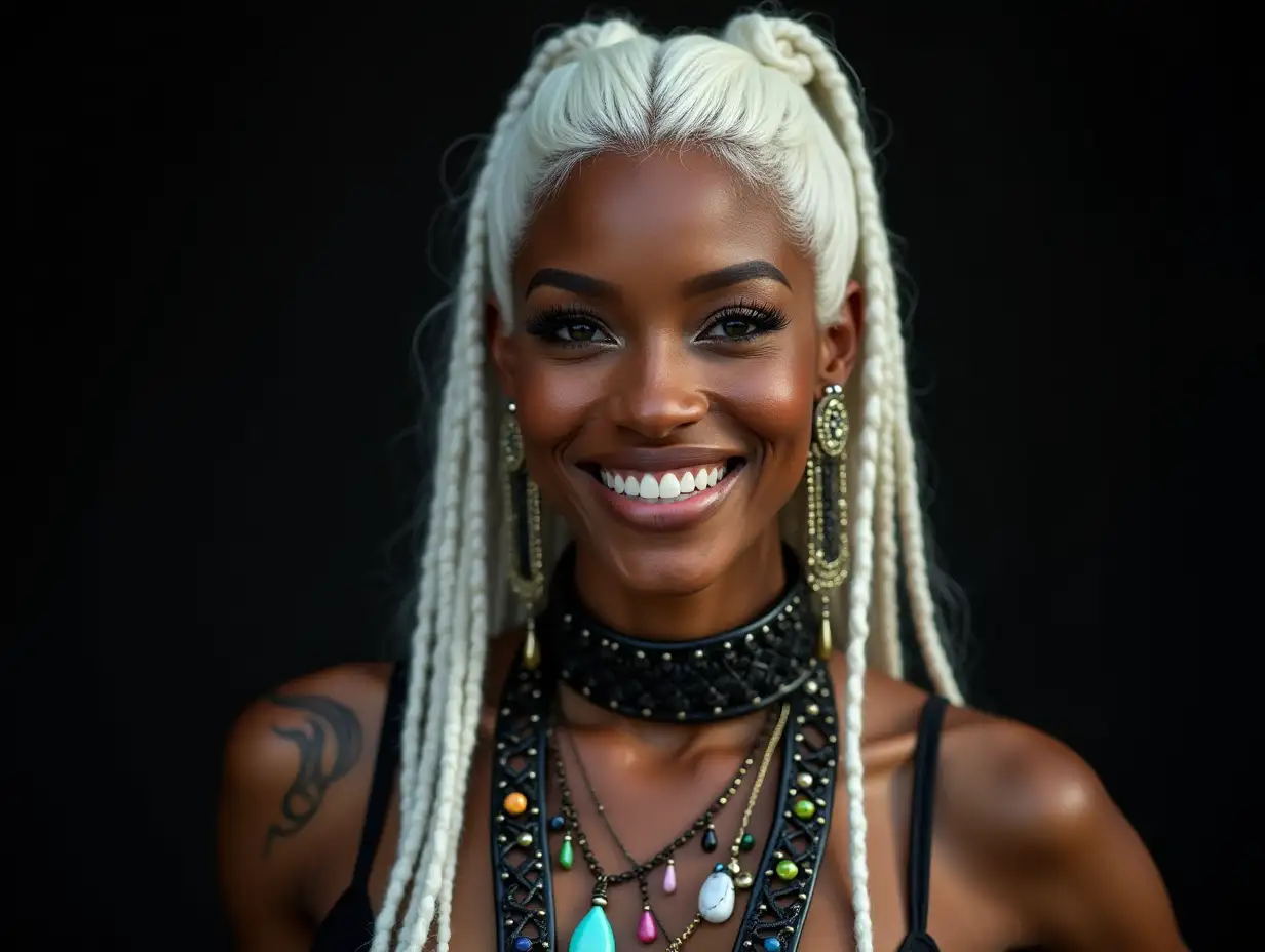 Depiction of a beautiful black woman with a smile on her face-tattoo, long white and black-white hair and laced boots, with intricate, colorful and futuristic jewelry. Blurred black background 120-mm shot