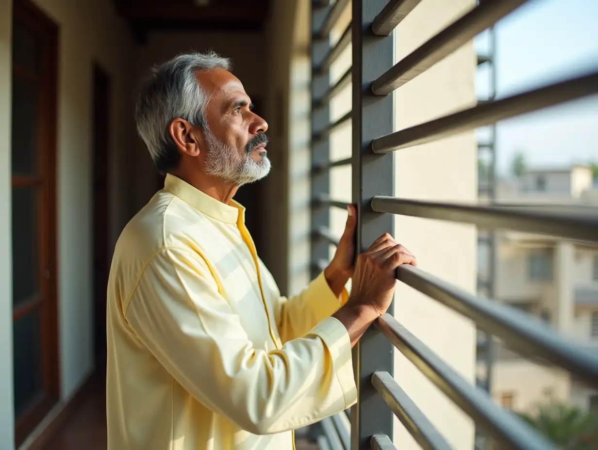 An Indian 40 years old man wearing light yellow kameez and white shalwar standing in the balcony watching outside, side pose with dark bright eyes, grey hairs holding the balcony grill