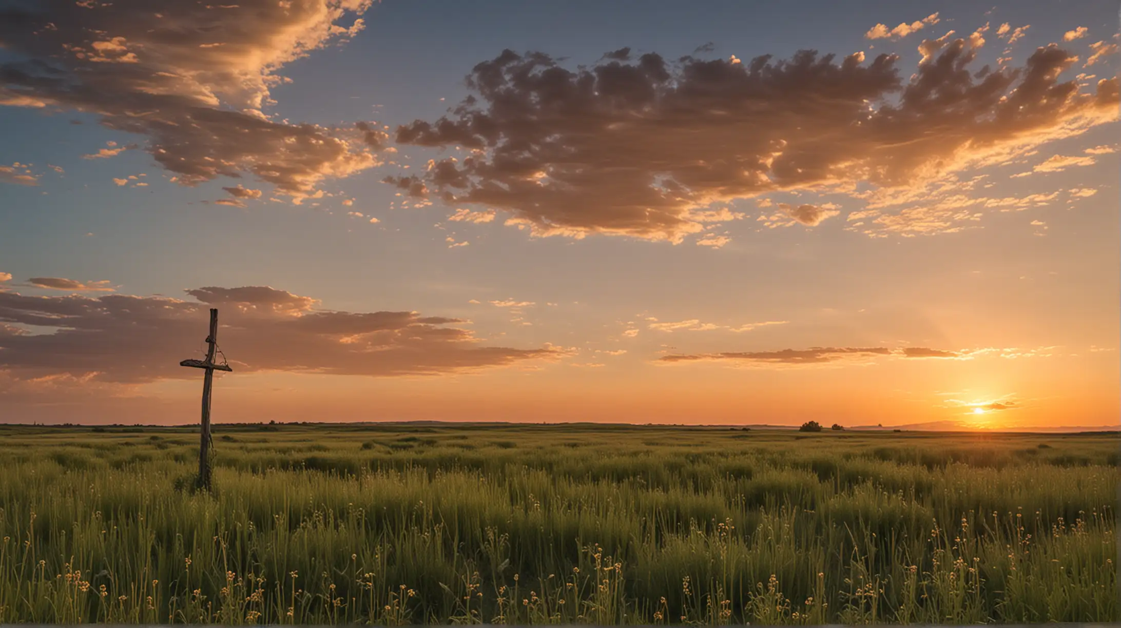 Solitary Wooden Cross on Prairie Field at Sunset in Summer