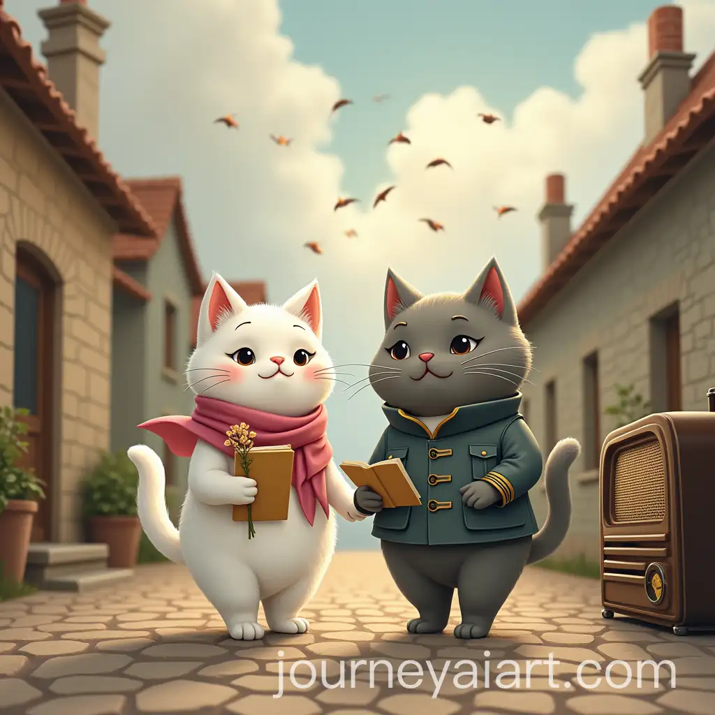 Two-Cats-in-a-Peaceful-Small-Town-Before-the-War-Exchanging-Letters-and-Dried-Flowers