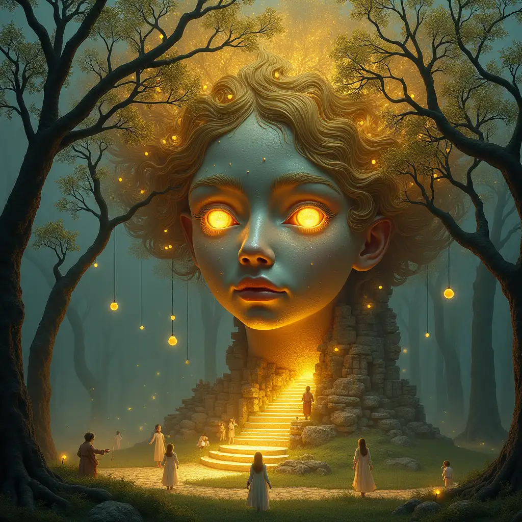 Creating a digital painting of a face with leuctkugel hair, that transforms into a building with gold stones and illuminated trees with golden roots and a river with floating light bulbs and lanterns and strange fairy beings on a lawn