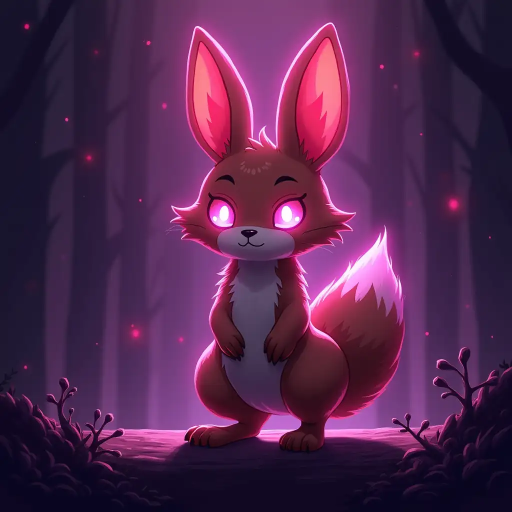 creature hare fox, cute neon type, stands tense in attack on the edge brownish purple gaping abyss with beam of hope