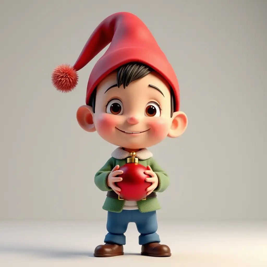 An animated 3D boy dressed as a gnome costume. A red hat with a big pompom on his head. Blue pants and white shirt, green belt. The boy is smiling and holding a New Year's ball in his hands.