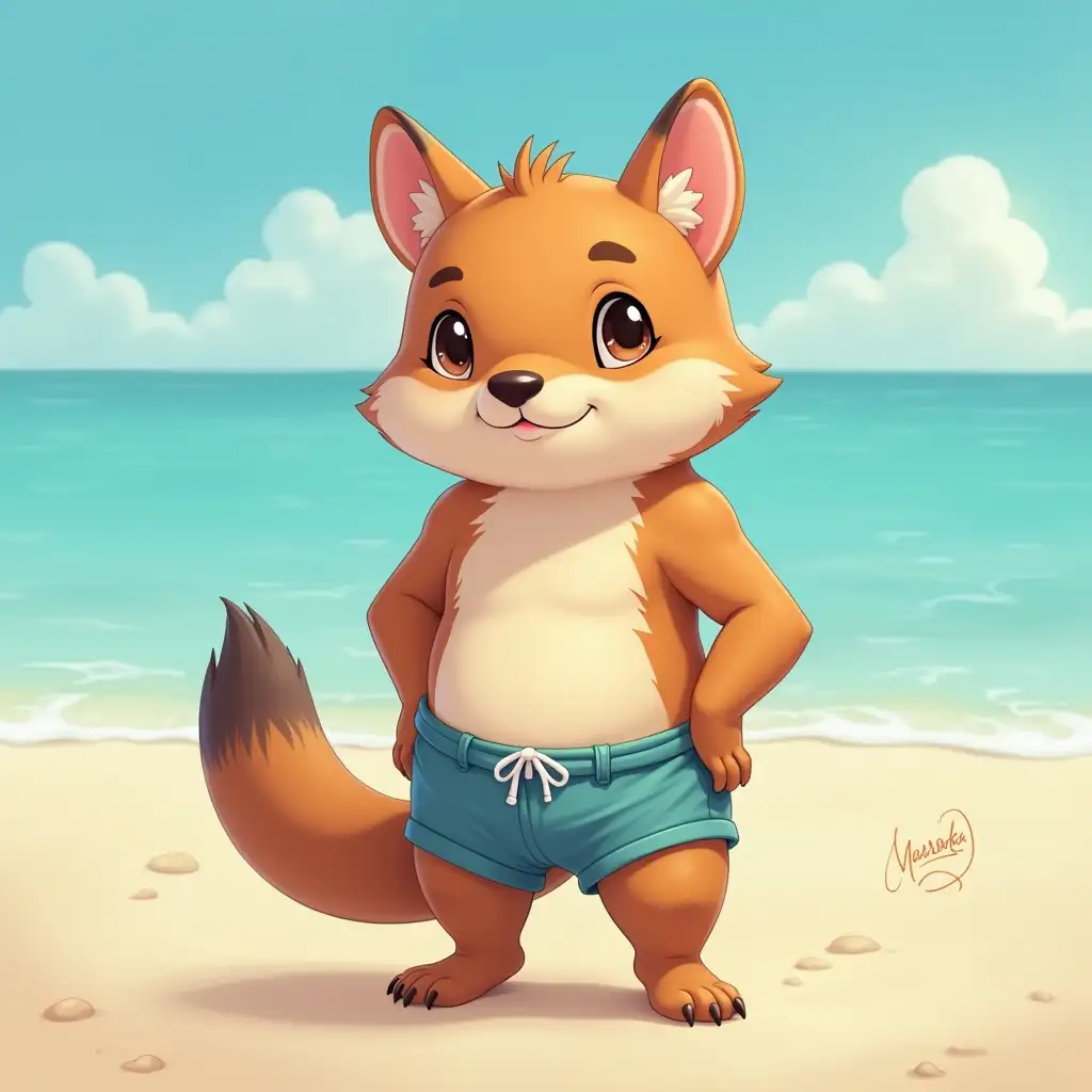 illustration photorealistic high definition anthropomorphic high definition anthropomorphic cute furry critter with weasel-like body wearing swimming trunks on the beach