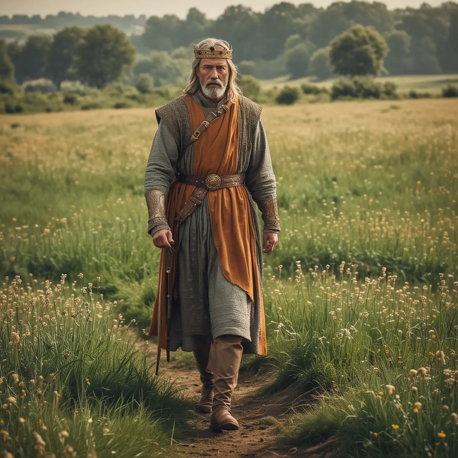 Medieval King Walking Through a Blossoming Field