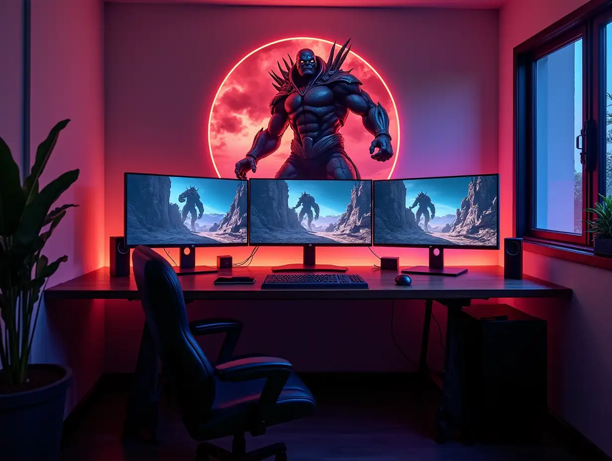 gaming-zimmer mit drei monitoren gaming tisch mit ein bild vom attack on titan monster mit 180 grad aufnahmen 8k-auflösung farbenfroh