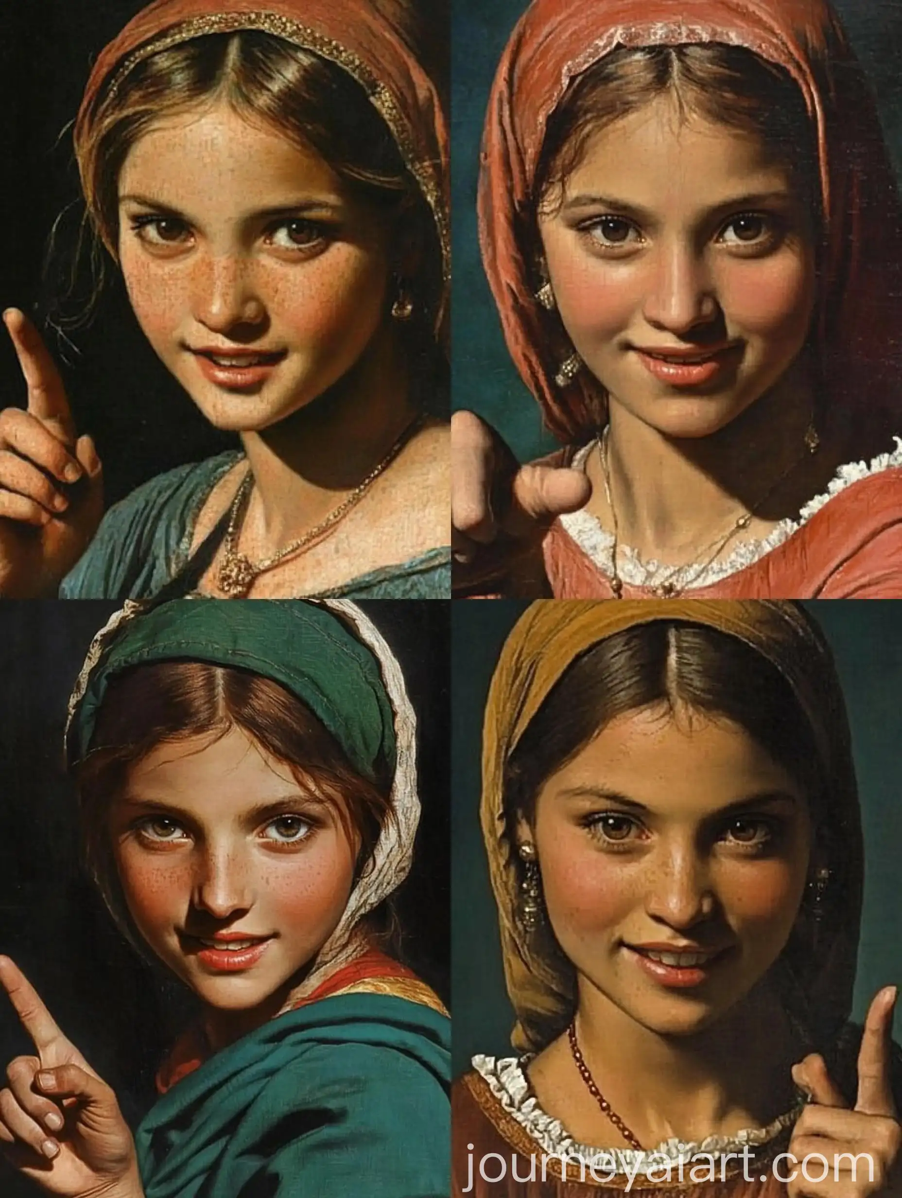 Renaissance-Style-Painting-of-a-Young-Woman-Pointing