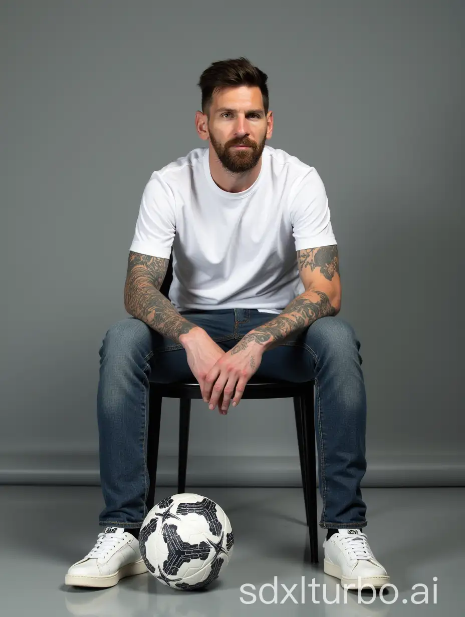 A football superstar Lionel Messi Sitting on a chair wearing white shirt and jeans pants and white adidas sneakers, facing towards the camera, gray wall background