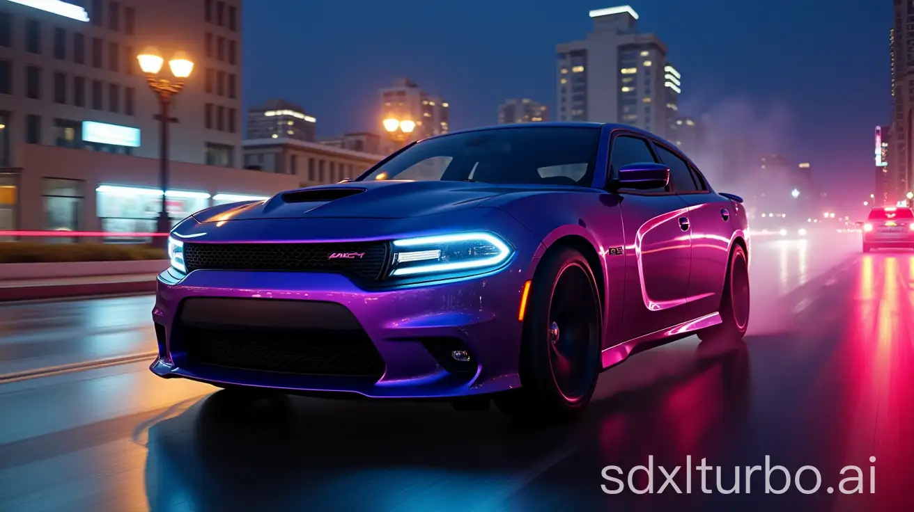 Generate an image at night in a city of a 2021 Dodge Charger from the fast X film color gray bitumen and pearled purple metallic face view